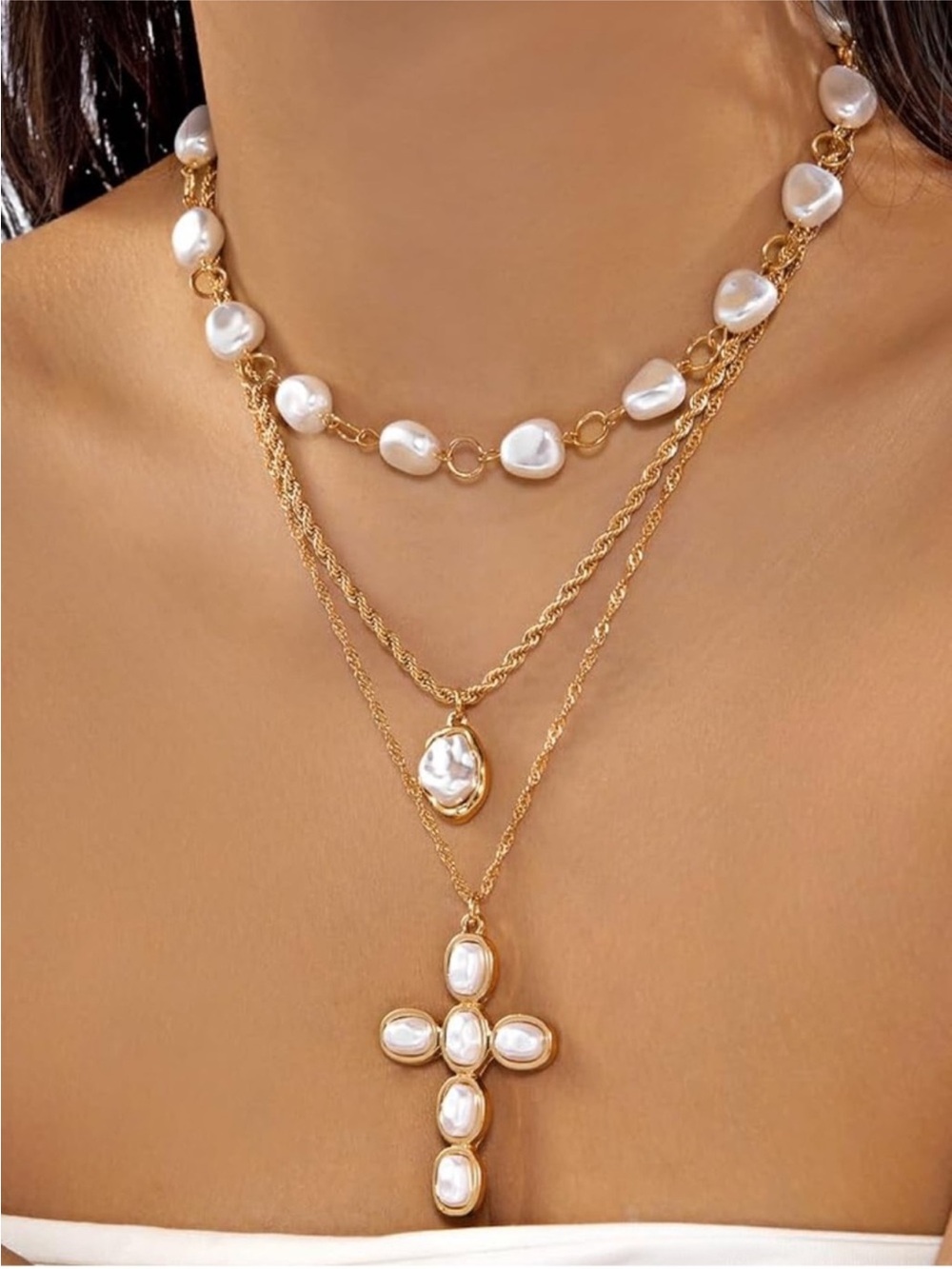 24k Gold Plated Layered Pearl Cross Necklace - White Pearls new